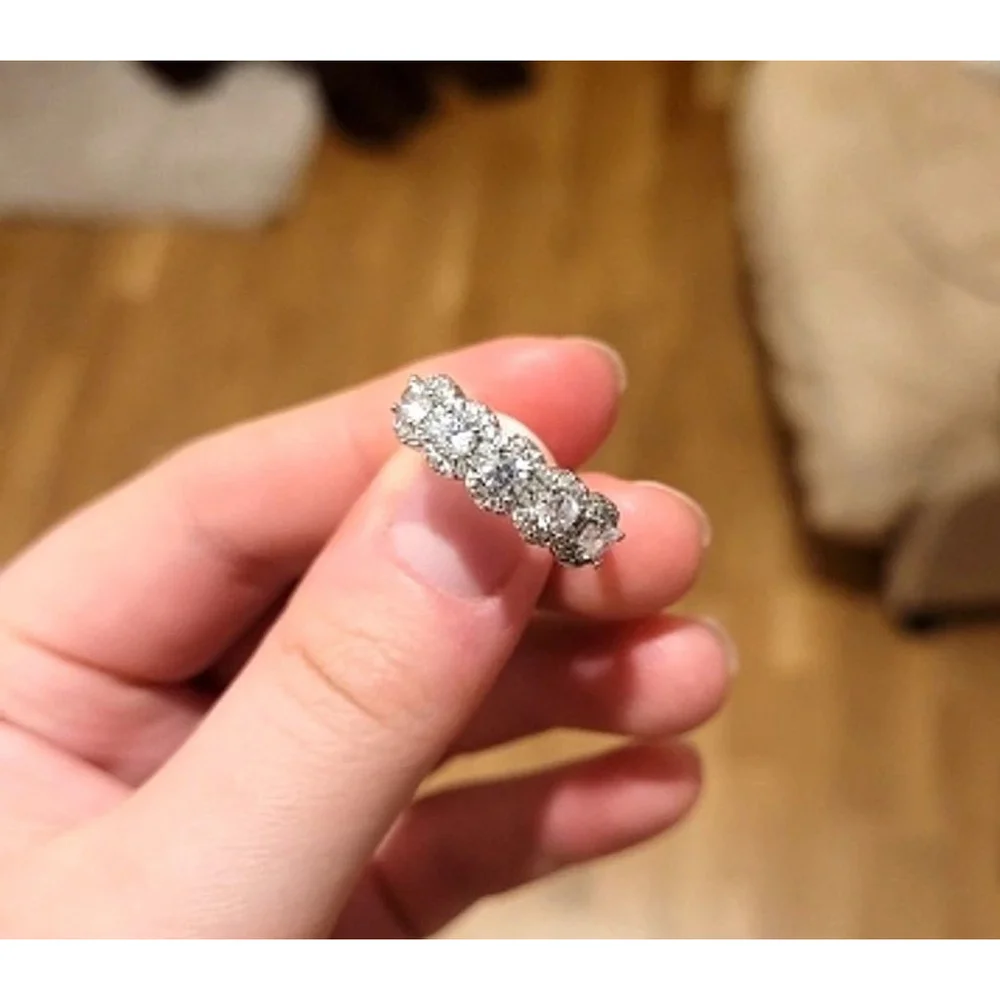 5‎ Stone Halo Simulated Diamond Ring | Platinum Plated Sterling Silver